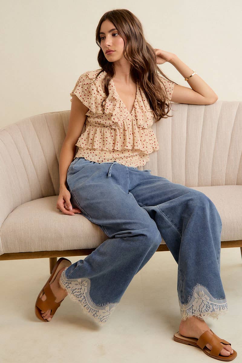 LACE TRIM MID RISE DENIM PANTS