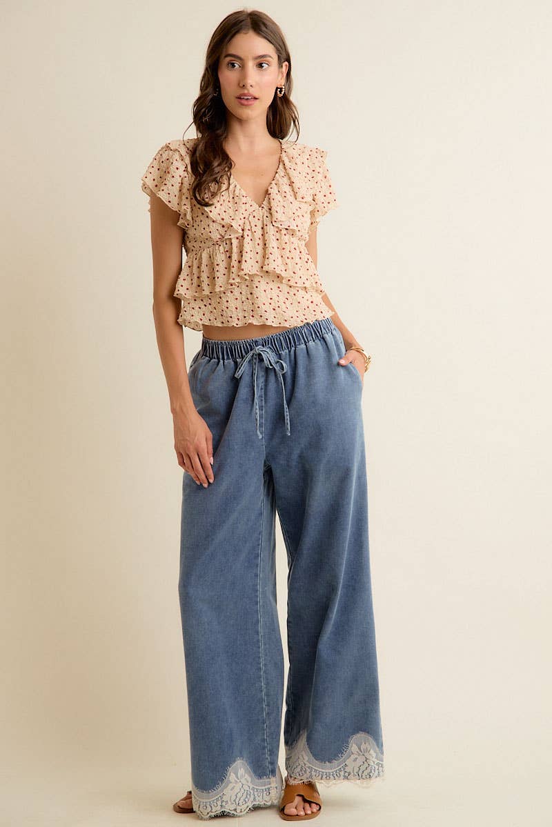 LACE TRIM MID RISE DENIM PANTS