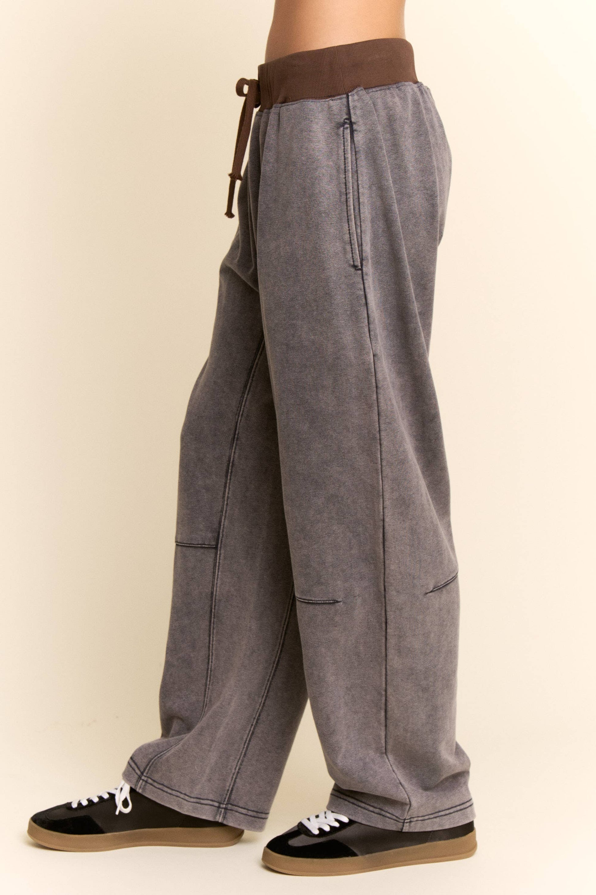 WASHED FRENCH TERRY CONTRAST WAIST BARREL PANTS