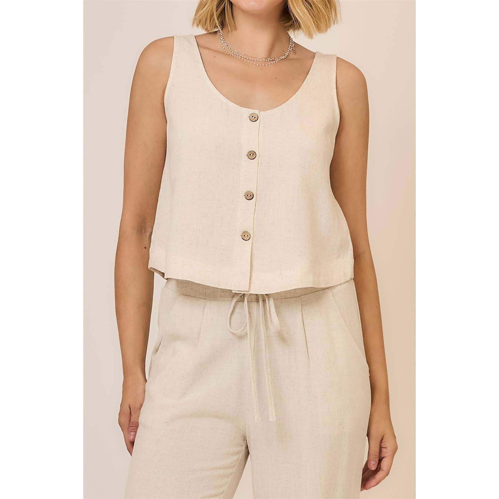 Viscose Linen Blend Button Up Sleeveless Top