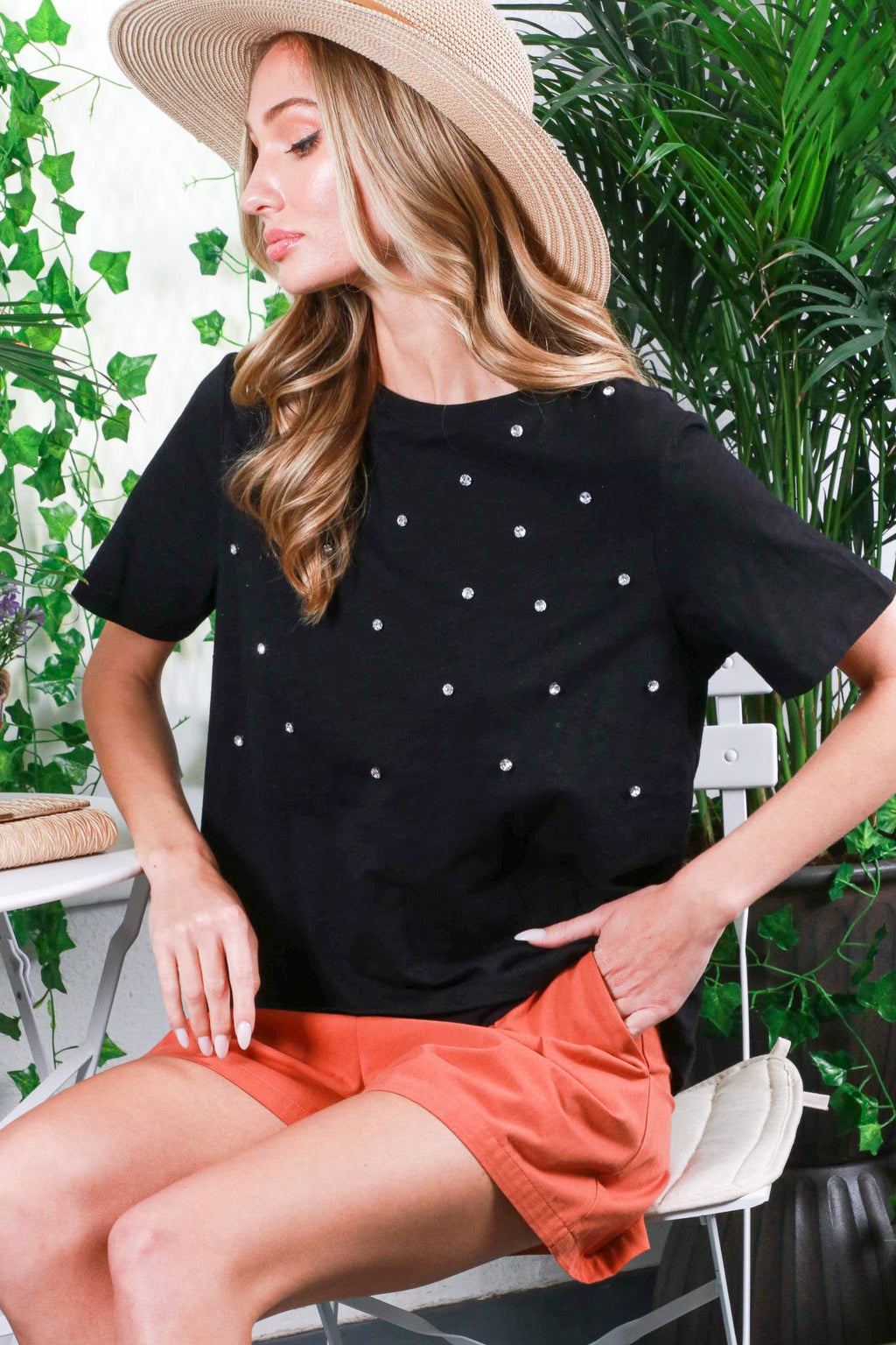 Round Neck Rhinestone Detail 100% Cotton T-Shirt Top