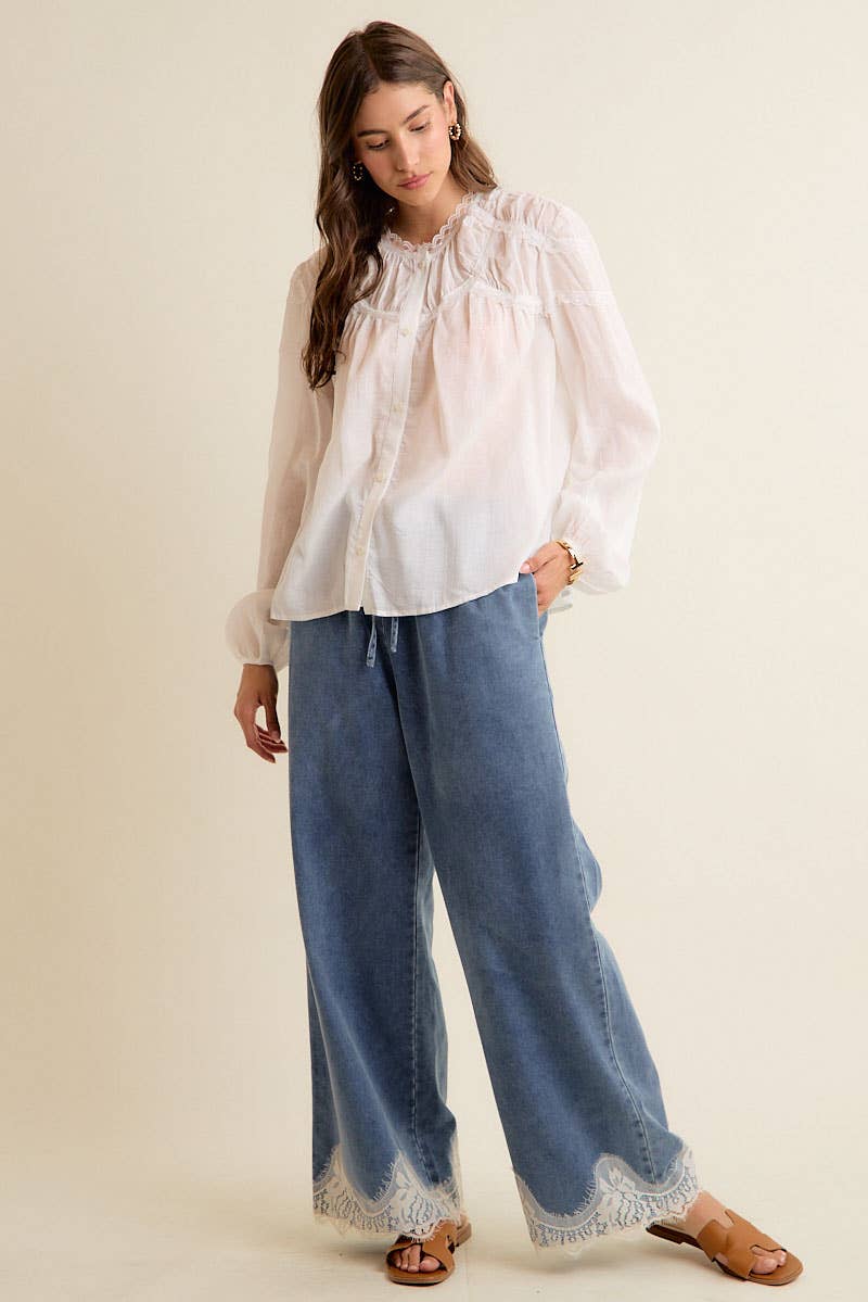 LACE TRIM MID RISE DENIM PANTS