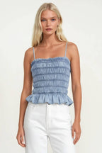SMOCKED CHAMBRAY TOP