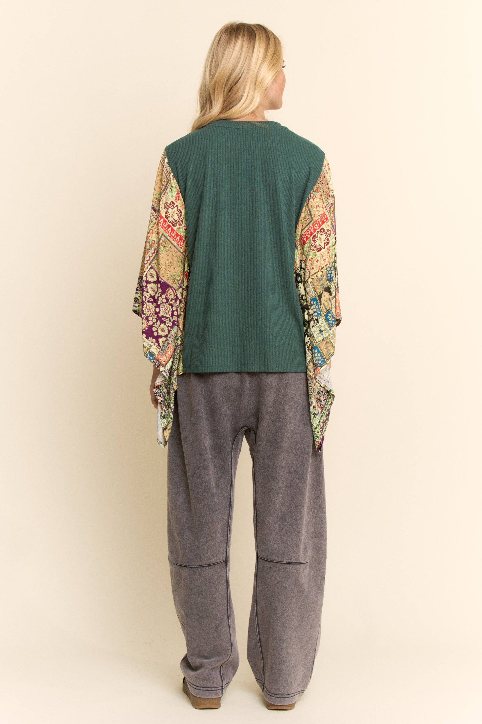 WASHED FRENCH TERRY CONTRAST WAIST BARREL PANTS