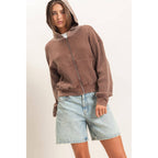 Acid Wash Waffle Knit Zip-Up Hoodie