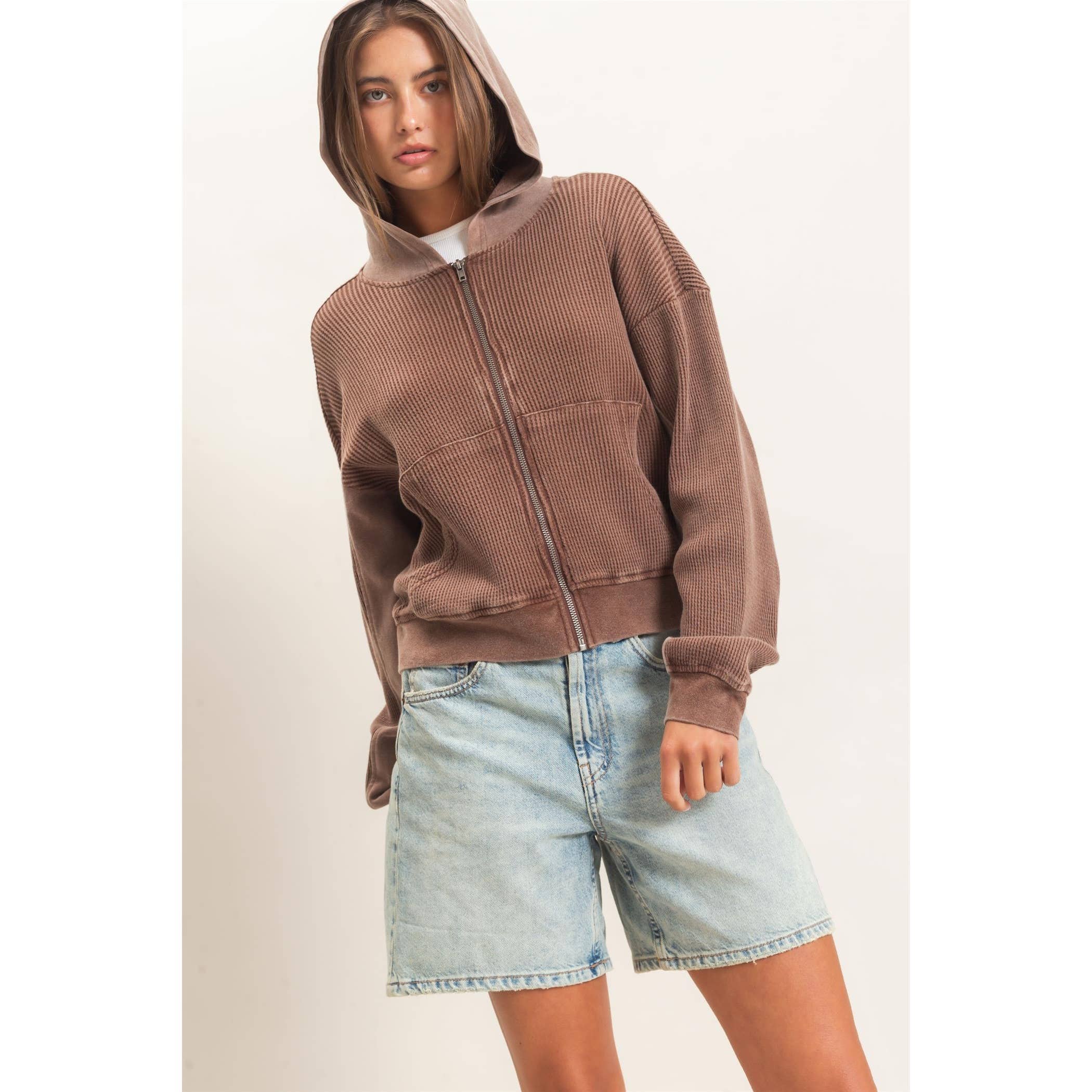 Acid Wash Waffle Knit Zip-Up Hoodie