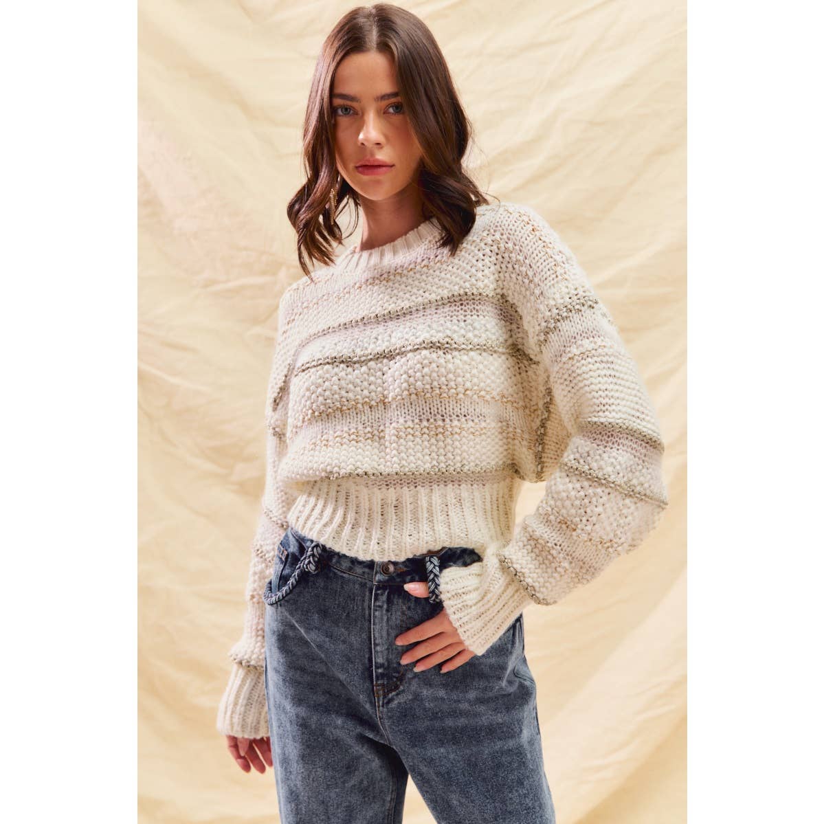 TEXTURED STRIPE LUREX HOLIDAY CROP SWEATER TOP