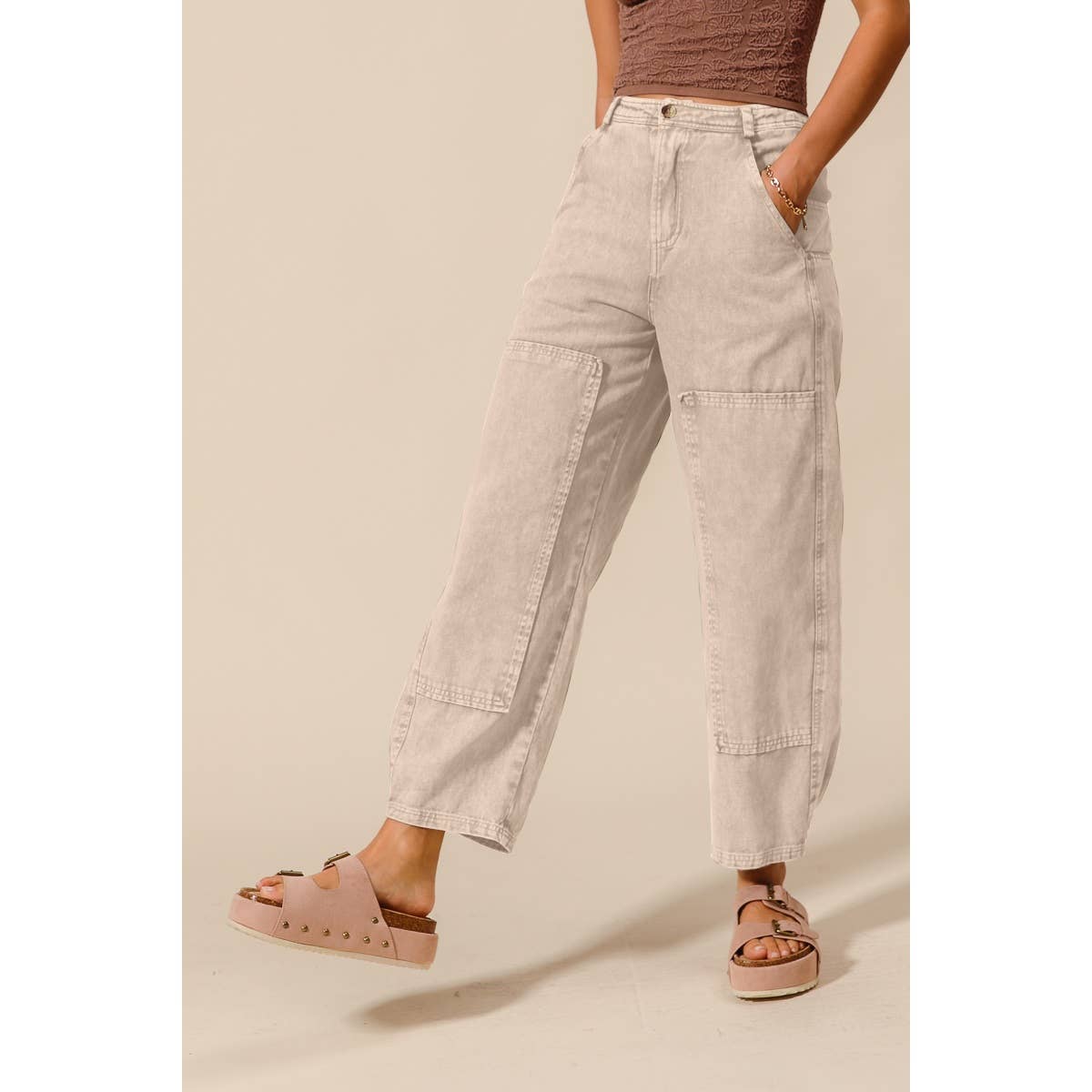 MINERAL WASHED MID RISE BARREL SHAPE PANTS
