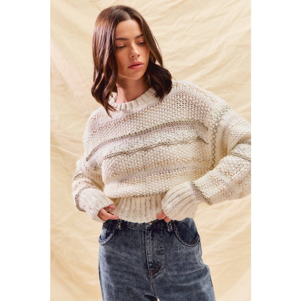TEXTURED STRIPE LUREX HOLIDAY CROP SWEATER TOP