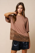 Loose Fit Jersey Knit Top W/ Asymmetrical Lace Contrast