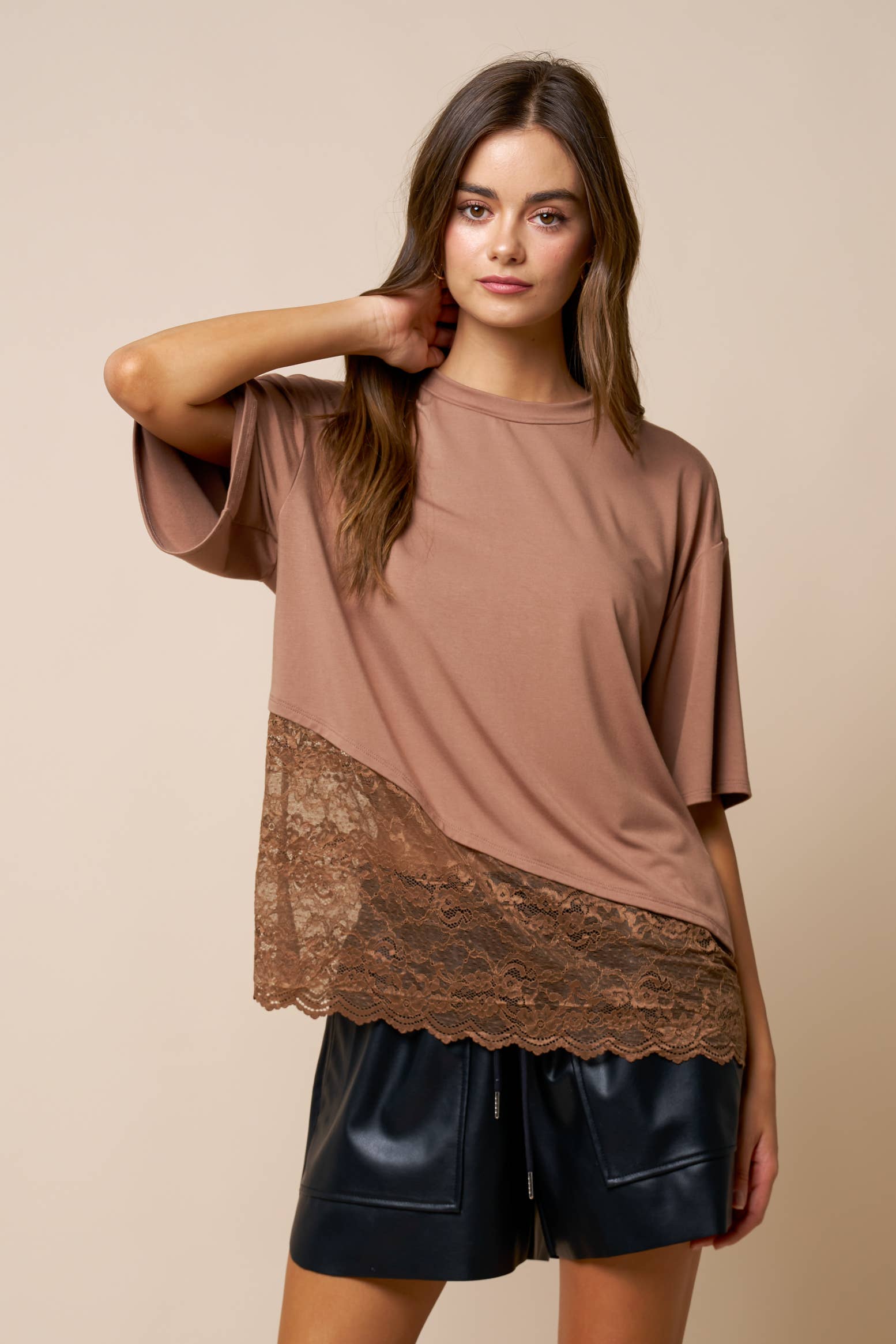 Loose Fit Jersey Knit Top W/ Asymmetrical Lace Contrast