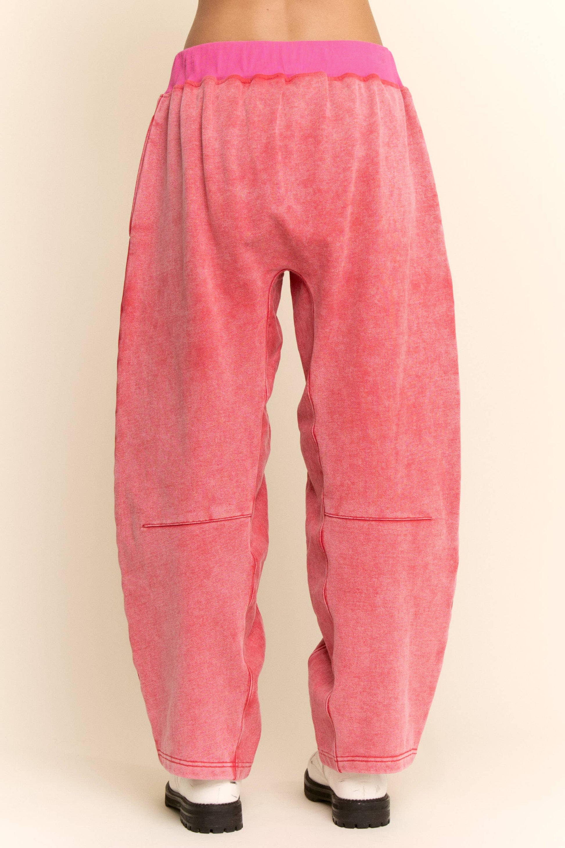 WASHED FRENCH TERRY CONTRAST WAIST BARREL PANTS