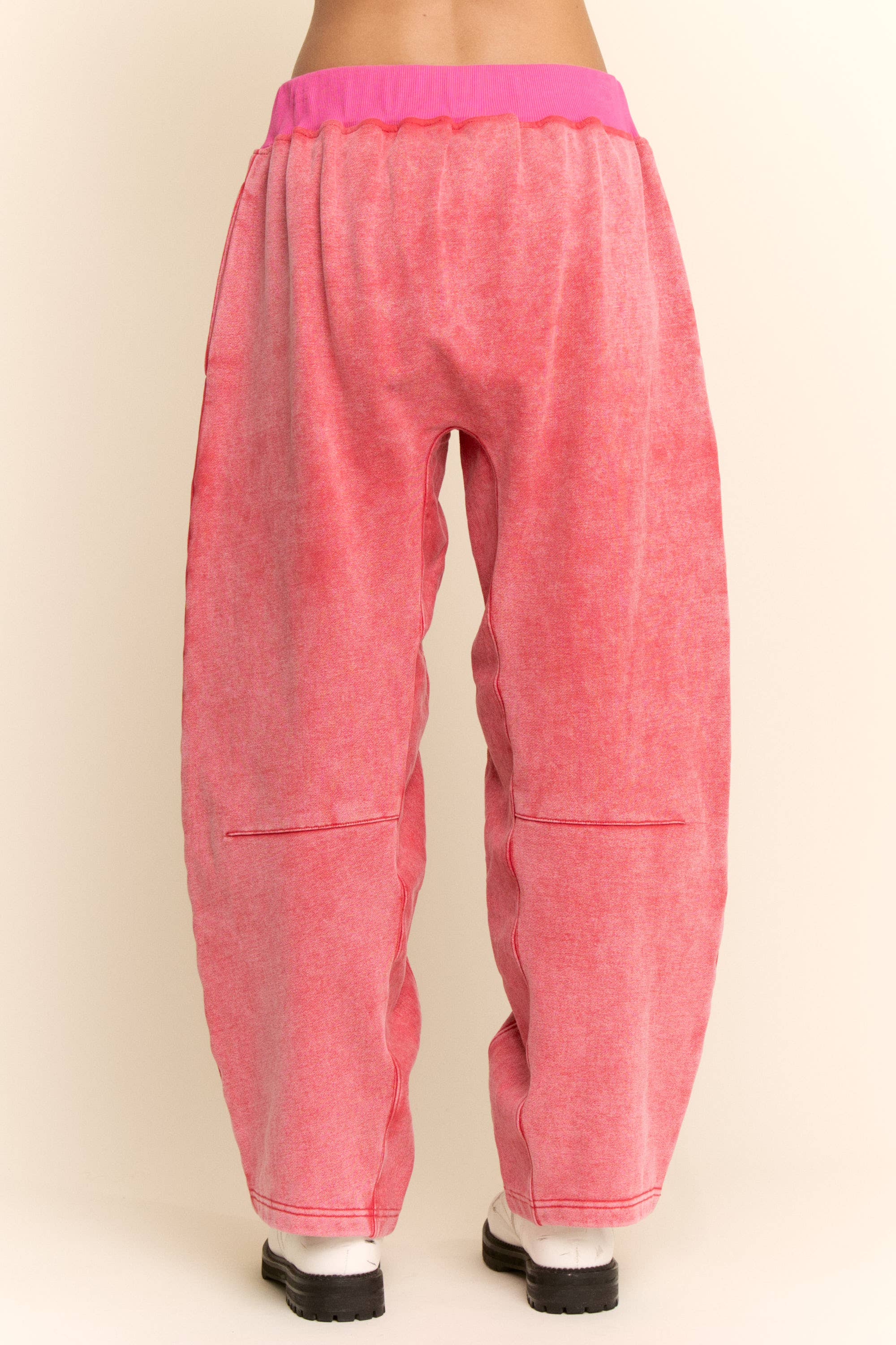 WASHED FRENCH TERRY CONTRAST WAIST BARREL PANTS