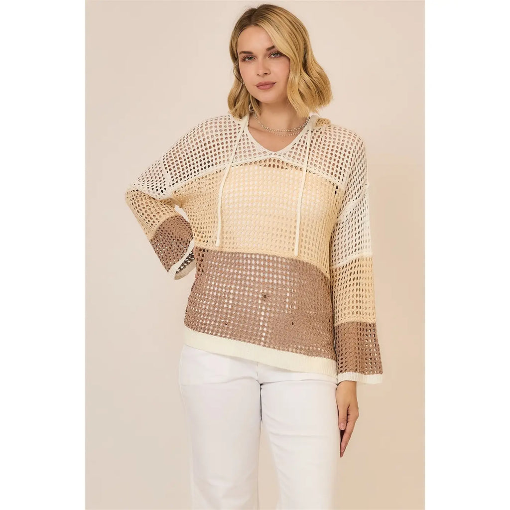 Open Knit Color Block Hood Sweater