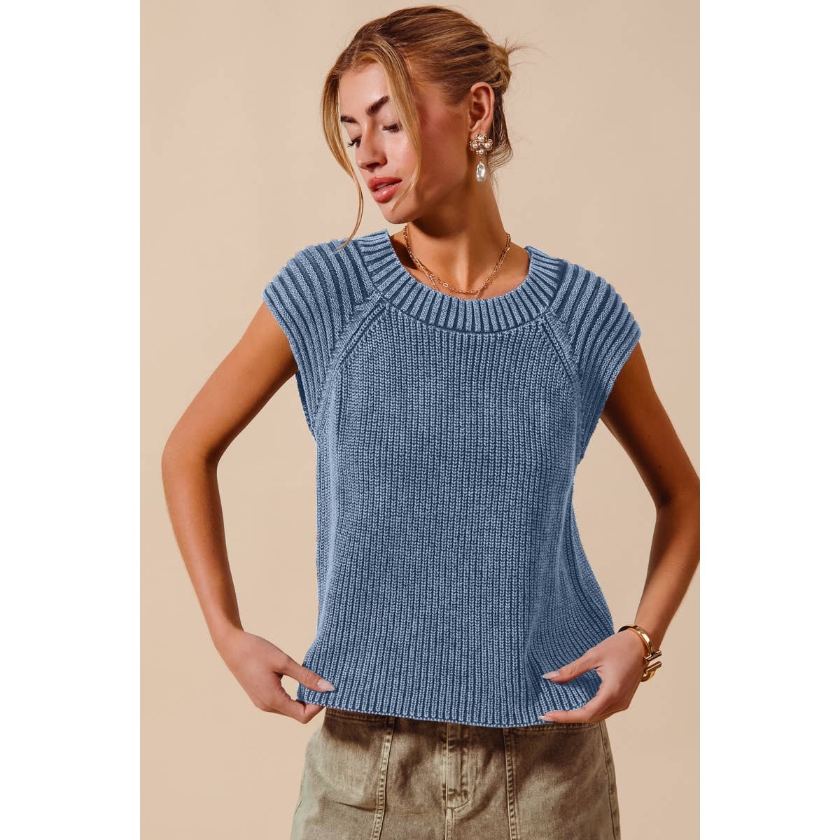 MINERAL WASHED RAGLAN SLEEVELESS SWEATER TOP