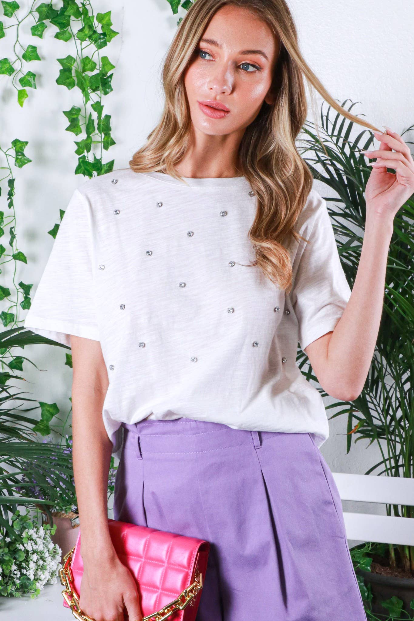 Round Neck Rhinestone Detail 100% Cotton T-Shirt Top