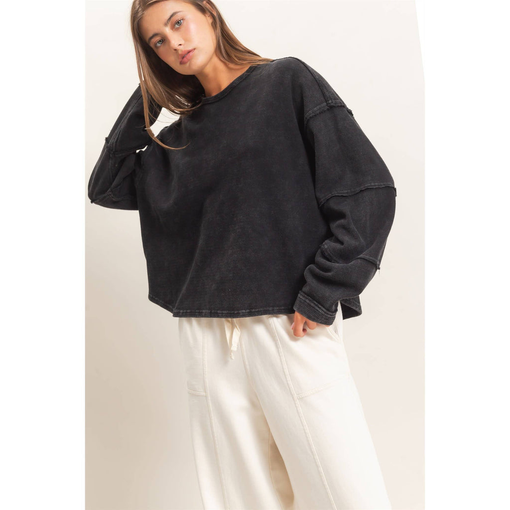 Mineral Wash Oversized Raw Edge Crew Neck Top