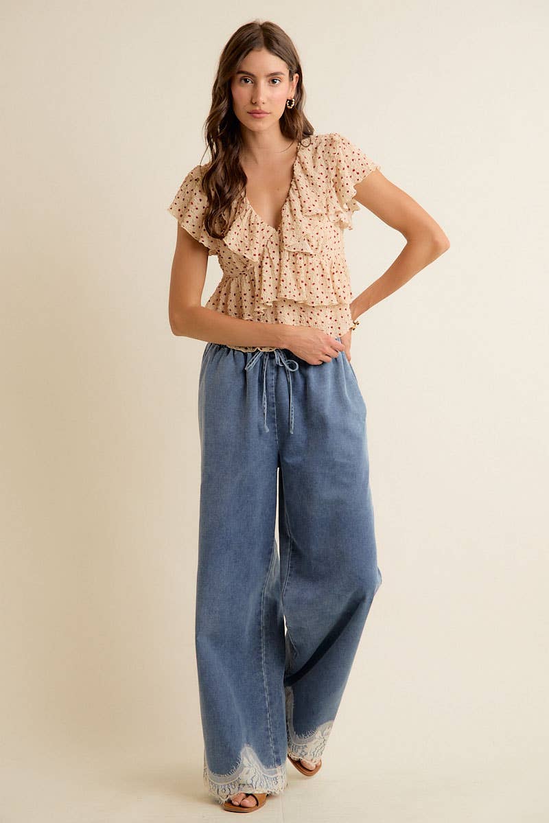 LACE TRIM MID RISE DENIM PANTS