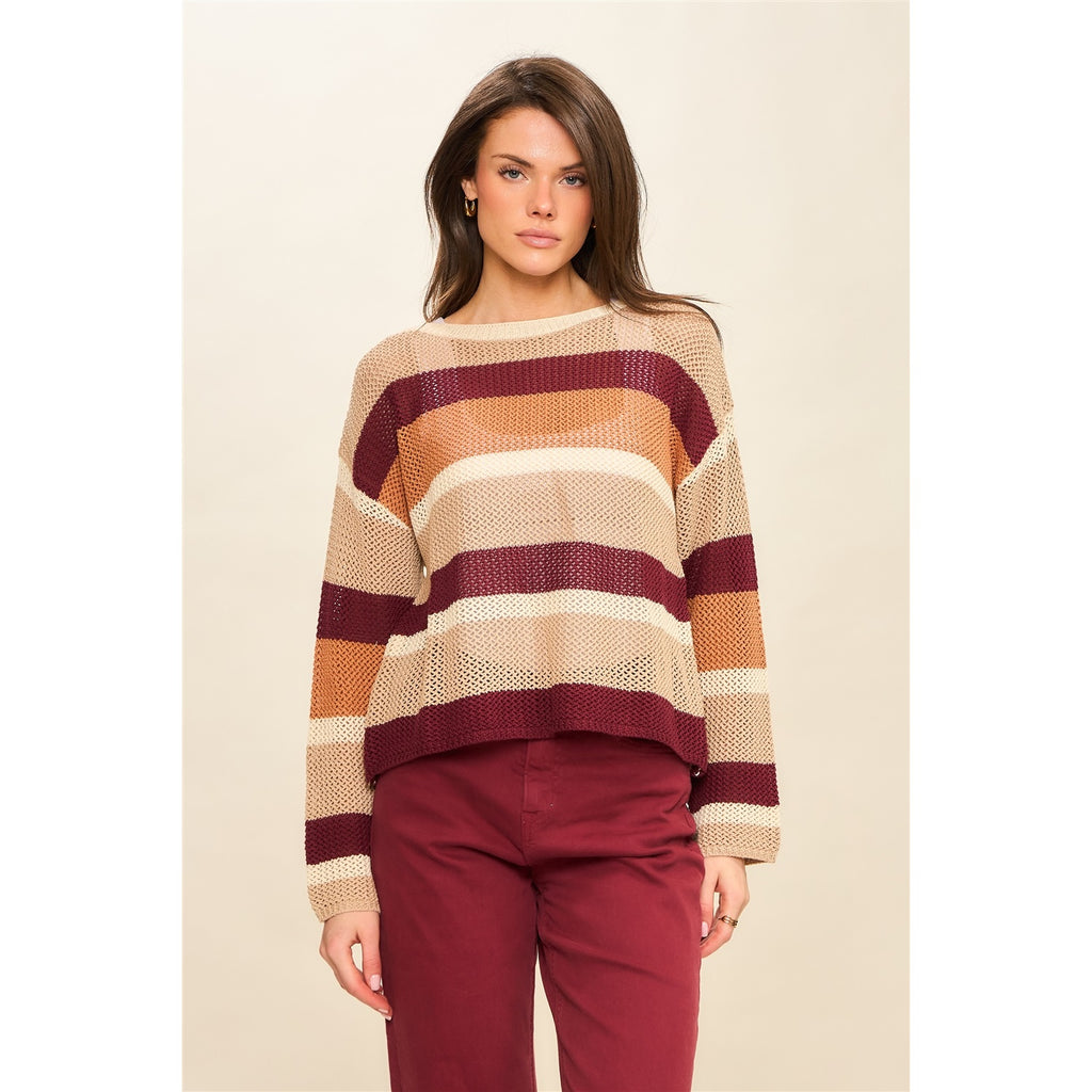 Open Knit Wine Stripped Sweater