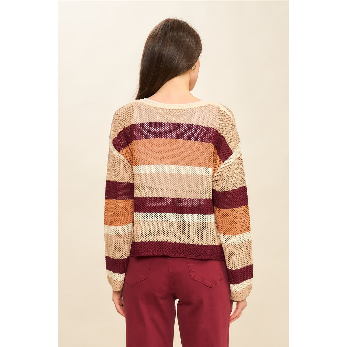 Open Knit Wine Stripped Sweater