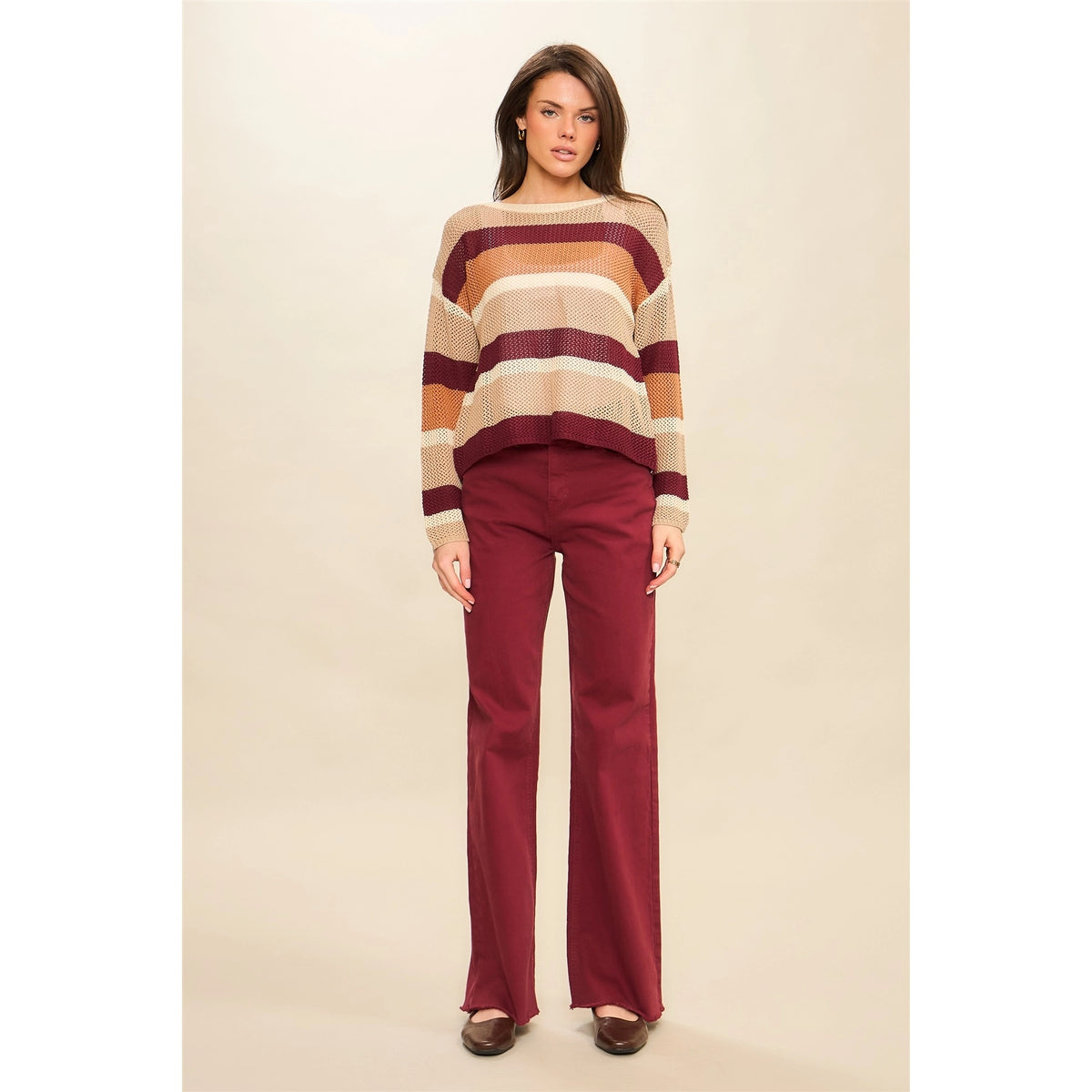 Open Knit Wine Stripped Sweater