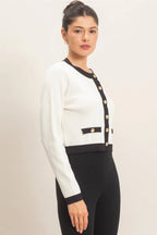 White Contrast Button-Front Cardigan