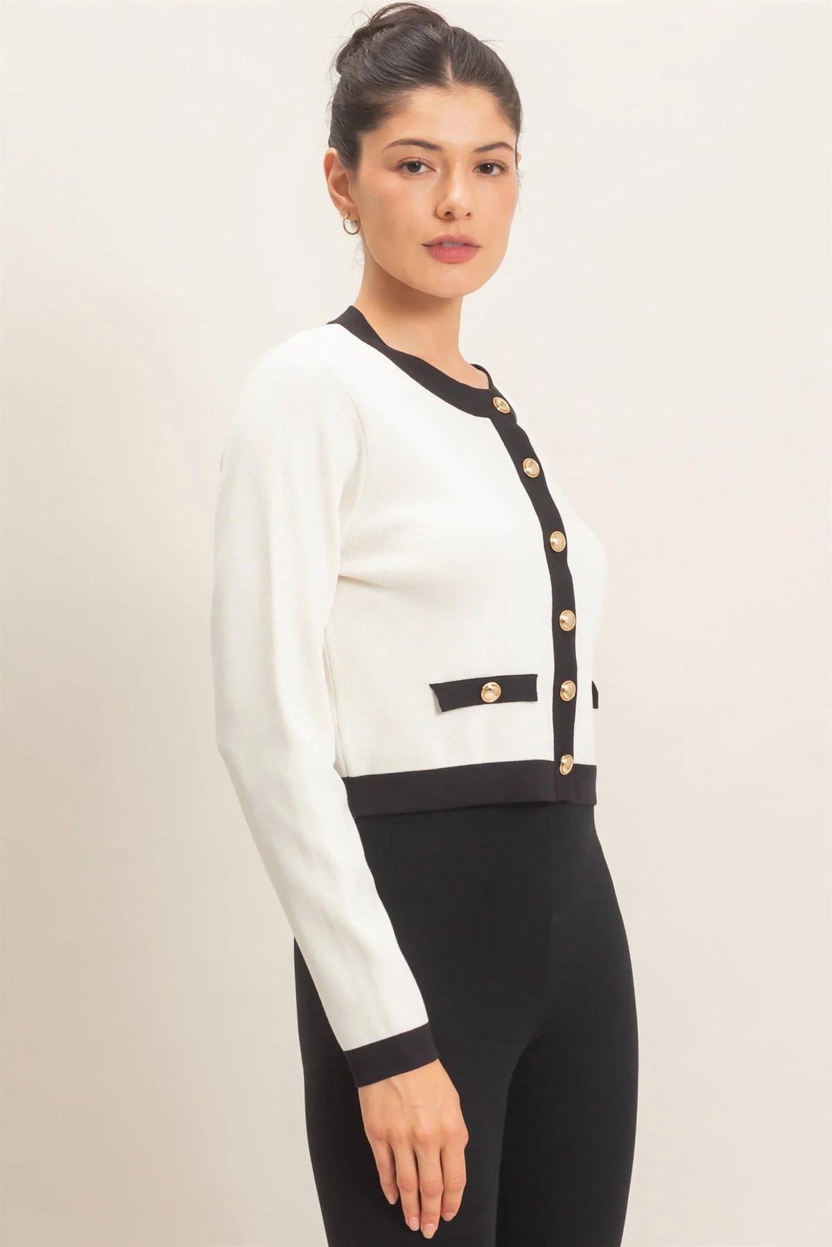 White Contrast Button-Front Cardigan