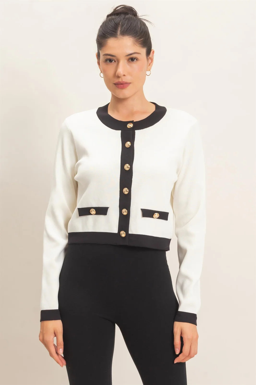 White Contrast Button-Front Cardigan