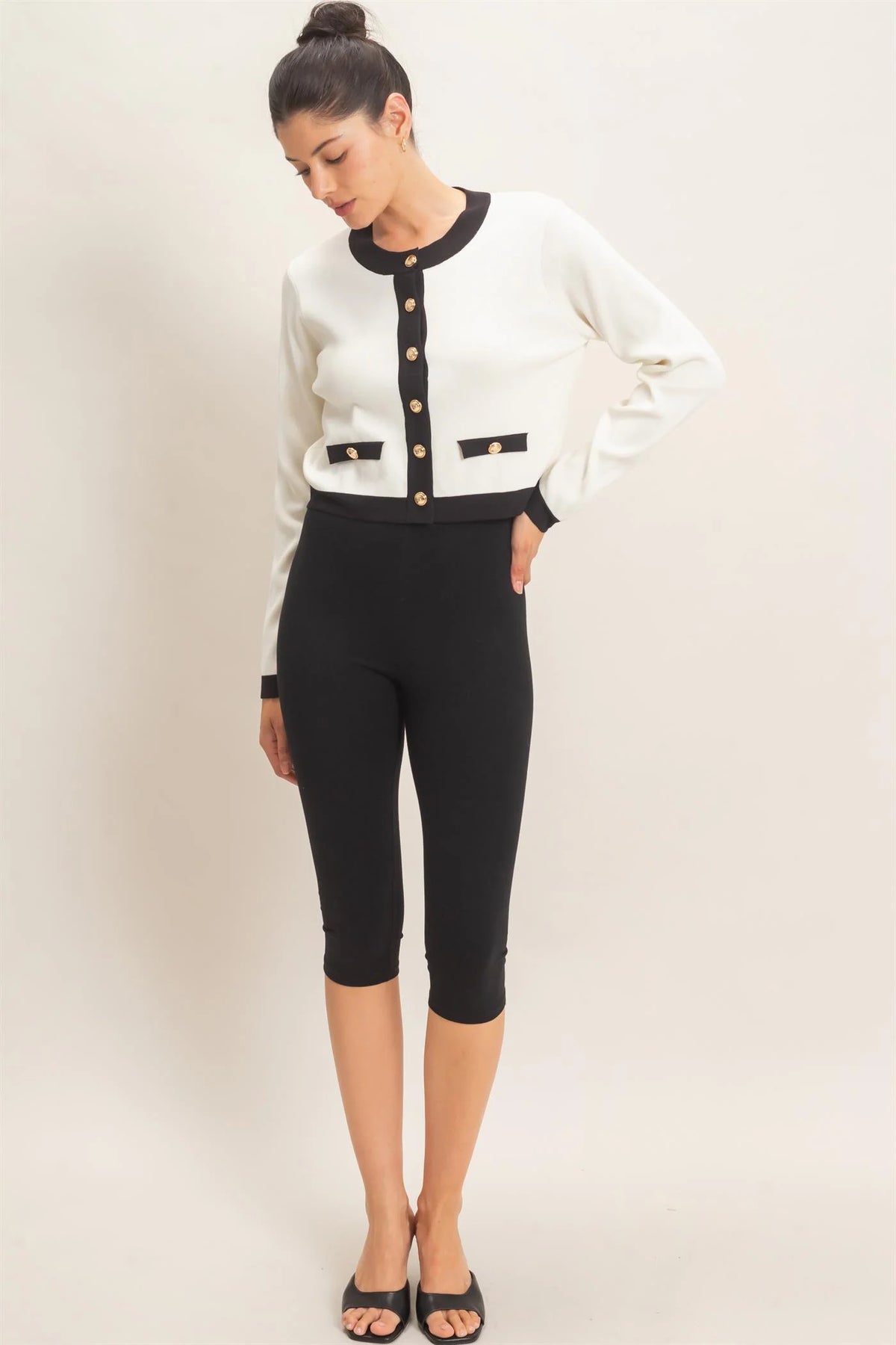 White Contrast Button-Front Cardigan